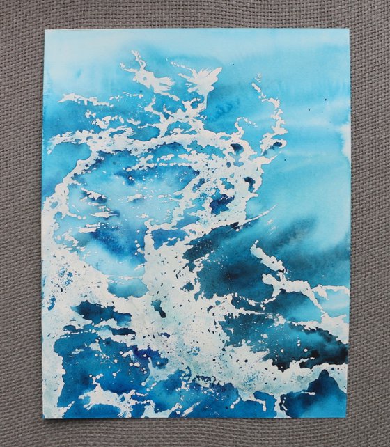 Sea waves on the coast. Original watercolor artwork.