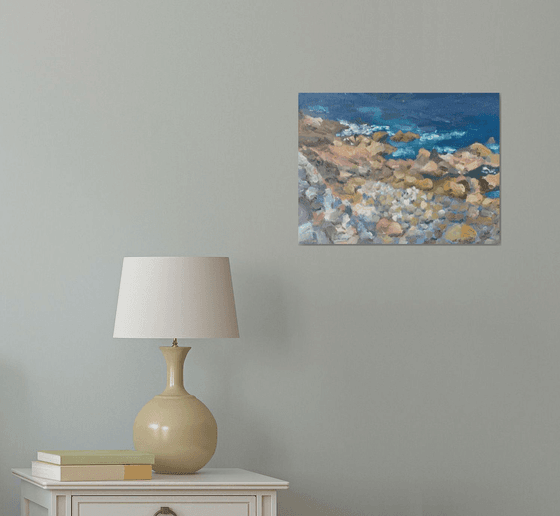 On the rocks at Sennen, Cornwall, oil painting.