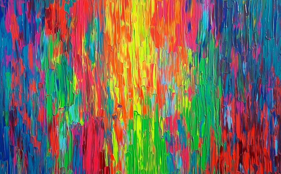Happy Gypsy Girl Dancing Around the Fire - Large Colorful Palette Knife Relief Abstract Painting