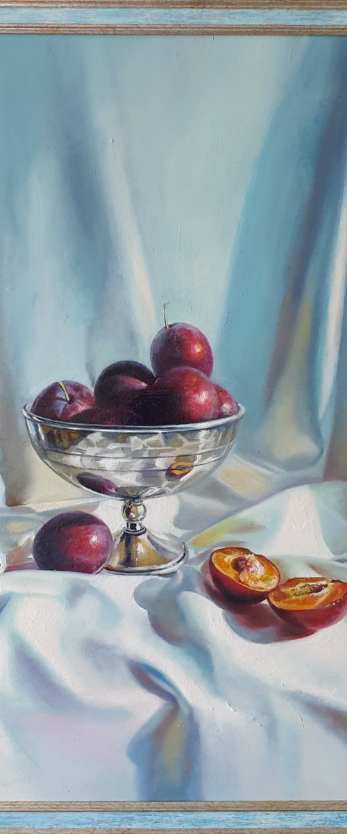 "There will be a plum cake."  still life summer liGHt original painting  GIFT (2020) by Anna Bessonova (Kotelnik)