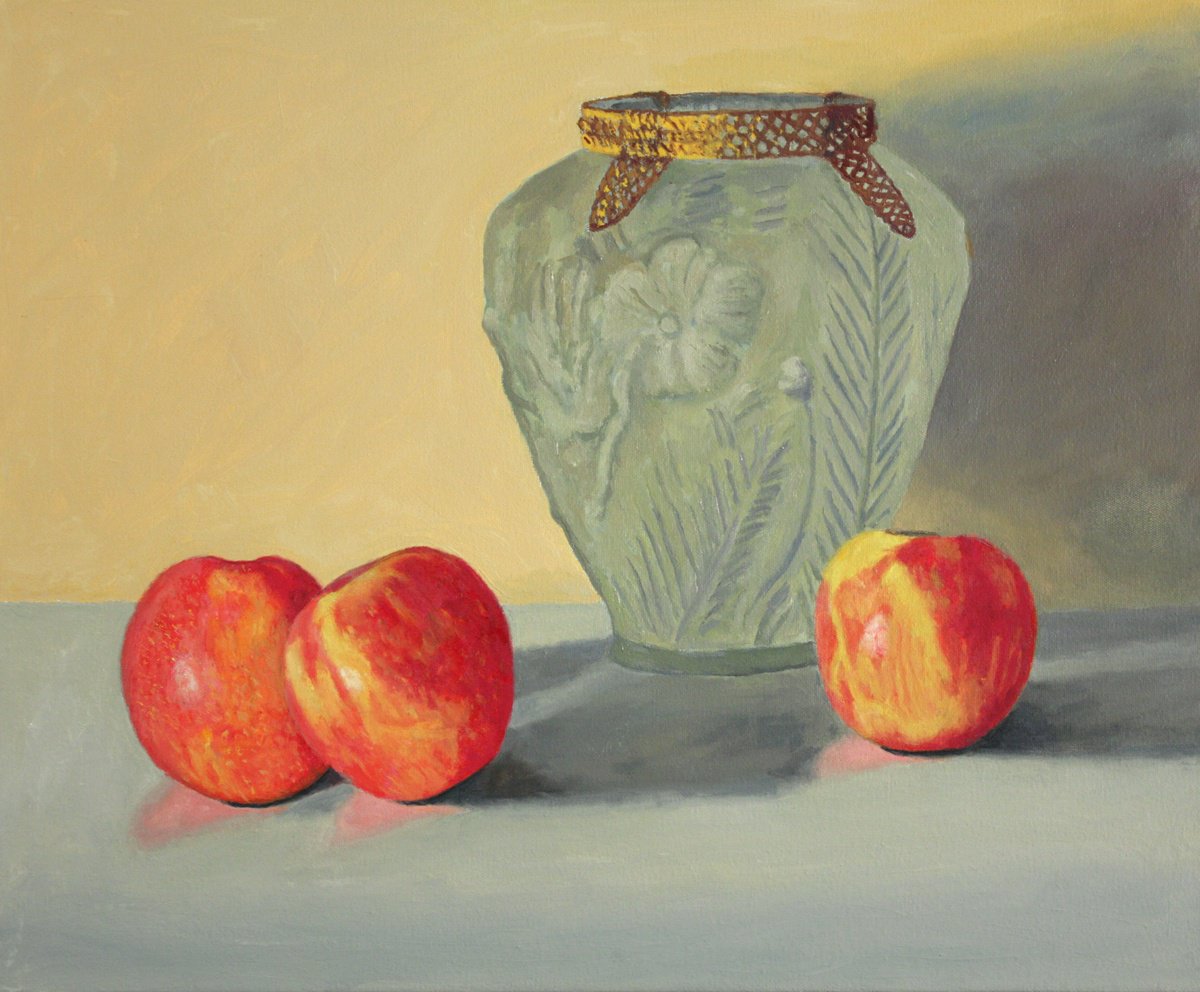 Photorealistic Still Life Oil Painting By Douglas Newton, 24 X 20, Apples And Vase, Original Artwork
