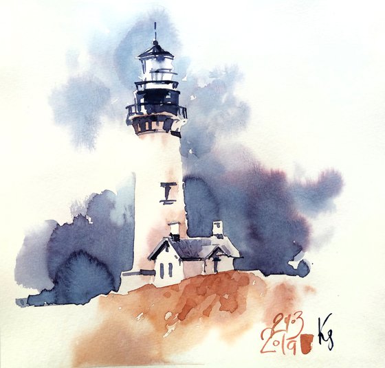 Landscape "Lighthouse. Storm at sea" original watercolor artwork in square format