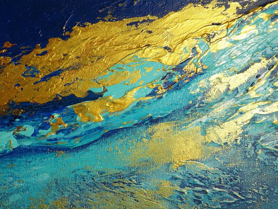 Large Abstract Contemporary Blue and Gold Painting. (61 x 122 cm). Modern Landscape, Abstract Seascape. Textured Art