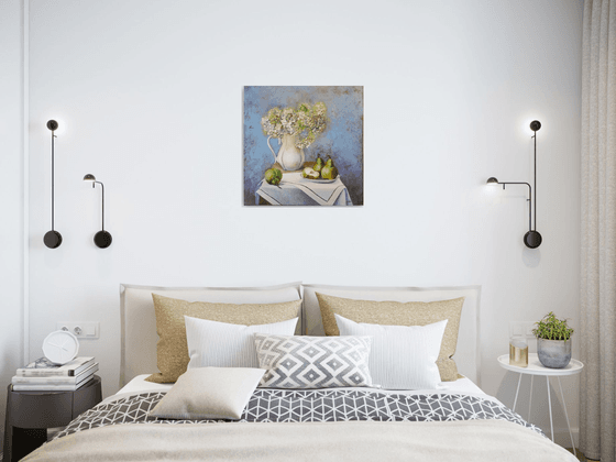 "Still Life with Hydrangea and Pears"  pears  liGHt original painting PALETTE KNIFE  GIFT (2019)