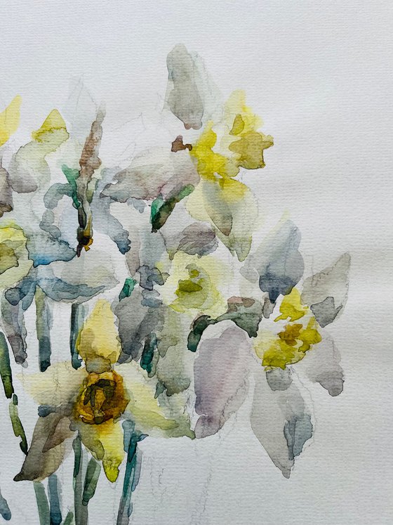 Bouquet of daffodils. Original watercolour painting on beige paper.