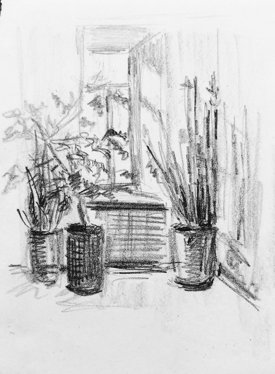 Sketch by the window. Original pencil drawing.