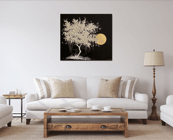 35.5” Blooming White Tree / Large Mixed Media Painting