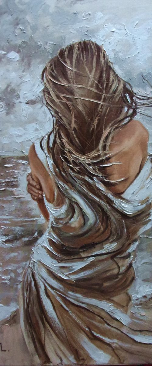 " IT WAS COLD WITHOUT YOU ... "- SEA SAND liGHt  ORIGINAL OIL PAINTING, GIFT, PALETTE KNIFE by Monika Luniak