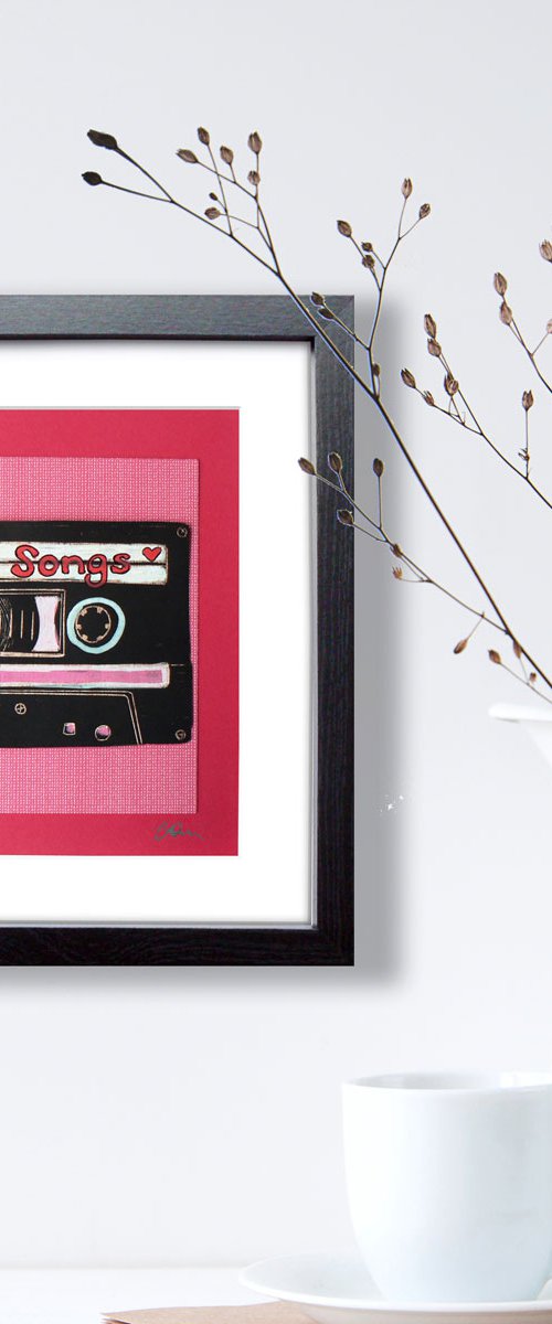 Framed Lino print and collage - Valentines mix tape- Love Songs (lino-print of cassette tape) by Carolynne Coulson