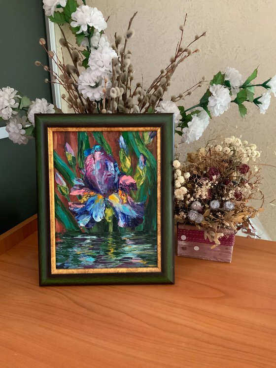 Iris. Impasto. Small picture.  Holiday gift.