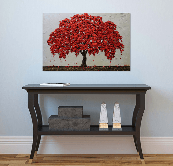 Red Oak Original Abstract Textured Tree Painting, Red White Bronze Artwork