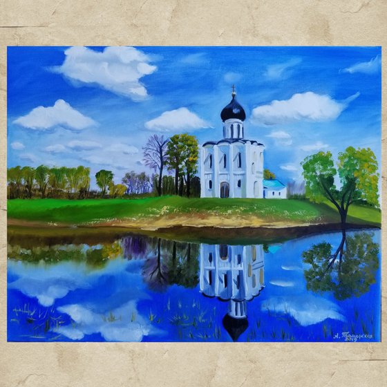The Church of the Intercession of the Holy Virgin on the Nerl River (Russia, Vladimir Region). Original Painting on Canvas. Landscape painting. Easter Gift. 16" x 20". 40,6 x 50,8 cm.
