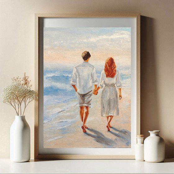 Together, A couple in love by the sea oil painting