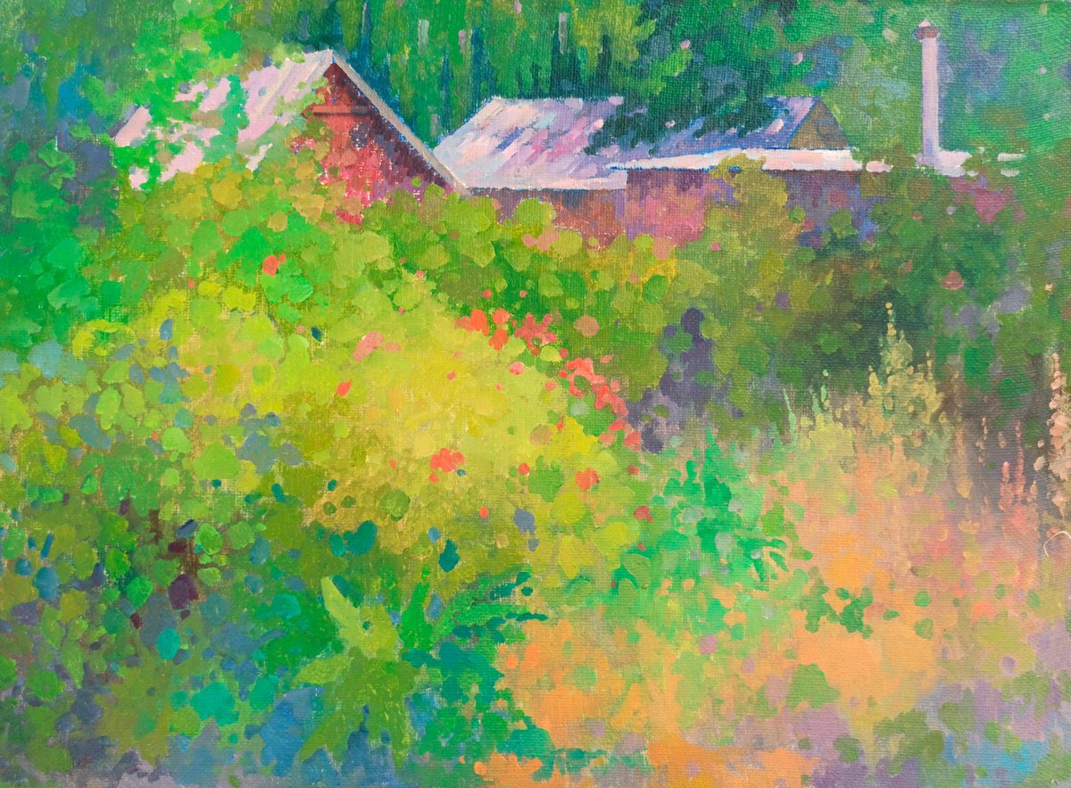 Impressionistic Landscape Oil Painting By Peter Tovpev, 35 X 26", Summer Garden, Original Artwork