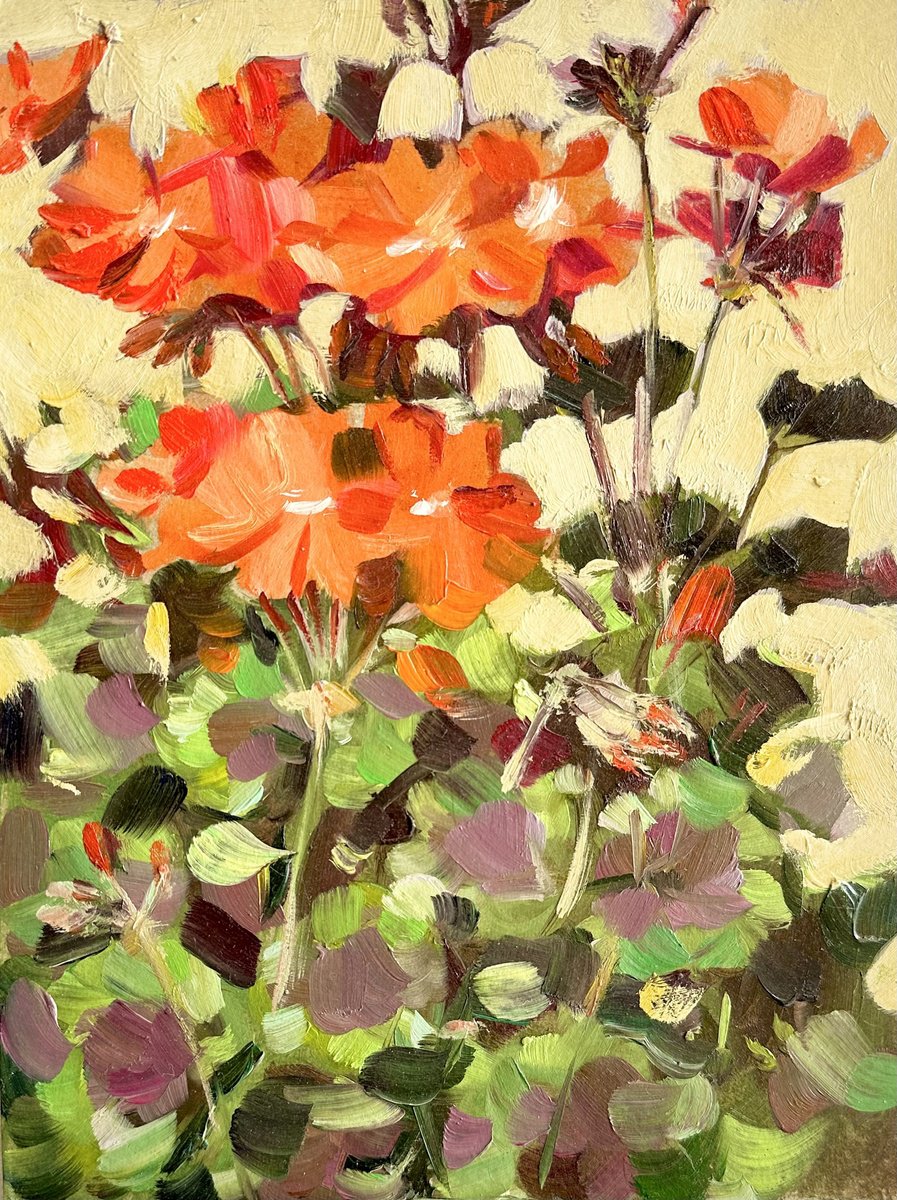 Impressionistic Botanical Oil Painting By Olha Retunska, 7 X 9", Geranium Kelowna, Original Artwork