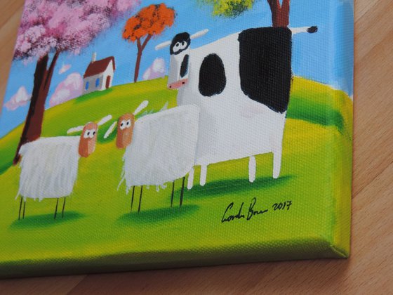 folk art sheep and cow 8" x 8"