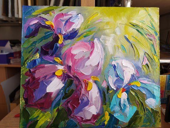 Irises in the garden - flowers, oil painting, irises flowers, gift idea, gift for woman