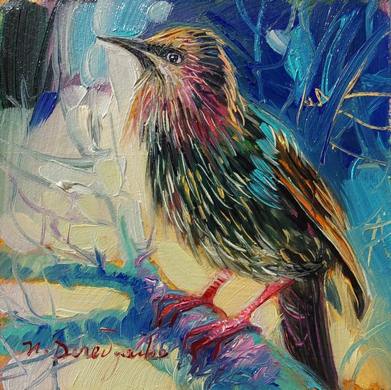 Night starling bird art painting origianal, Colorful bird artwork in frame gift