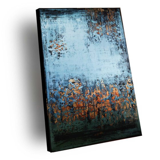 NORWAY - 120 x 80 CM - TEXTURED ACRYLIC PAINTING ON CANVAS * COPPER * GREEN * BLUE