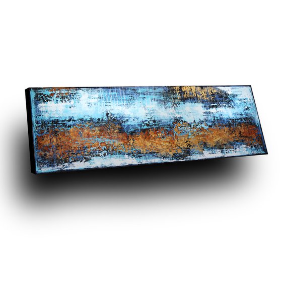 EBB AND FLOW * 71" x 23.6" * ABSTRACT ACRYLIC PAINTING ON CANVAS *** BLUE * WHITE * GOLD