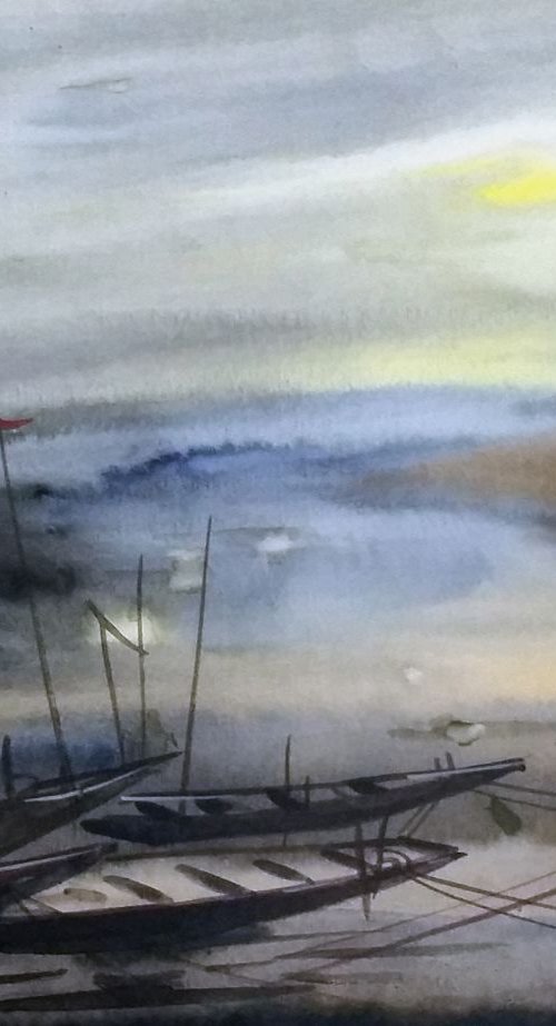 Storm & Fishing Boat - Watercolor painting by Samiran Sarkar