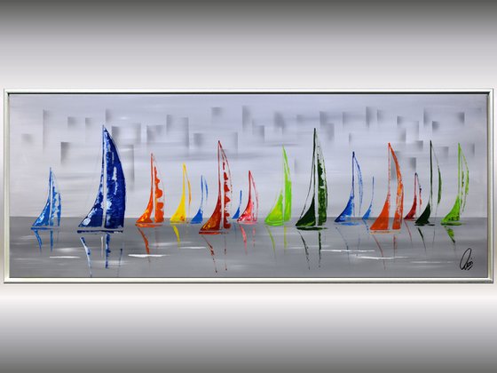 Around the World  acrylic abstract painting sailboat painting framed canvas wall art