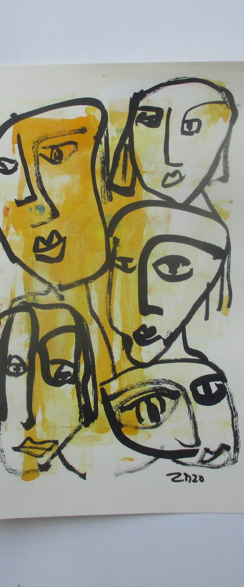 girls in yellow 8,2 x 11,4 inch unique mixedmedia drawing by Sonja Zeltner-Müller