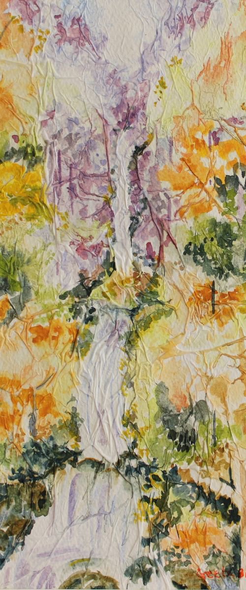 Waterfalls in Autumn, mixed media, gift , small painting by Geeta Yerra