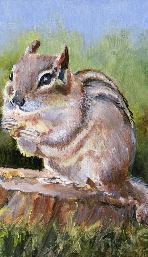 Cute chipmunk on a stump by Lucia Verdejo