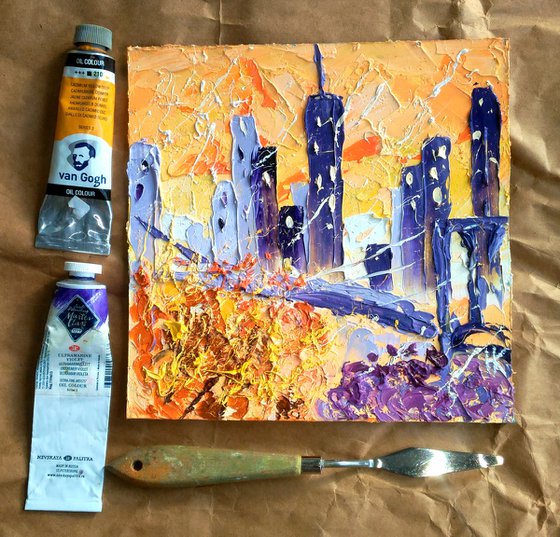 NYC Fall Painting Cityscape Original Art New York Small Oil Artwork Autumn Impasto Pallete Knife Wall Art 8 by 8" by Halyna Kirichenko