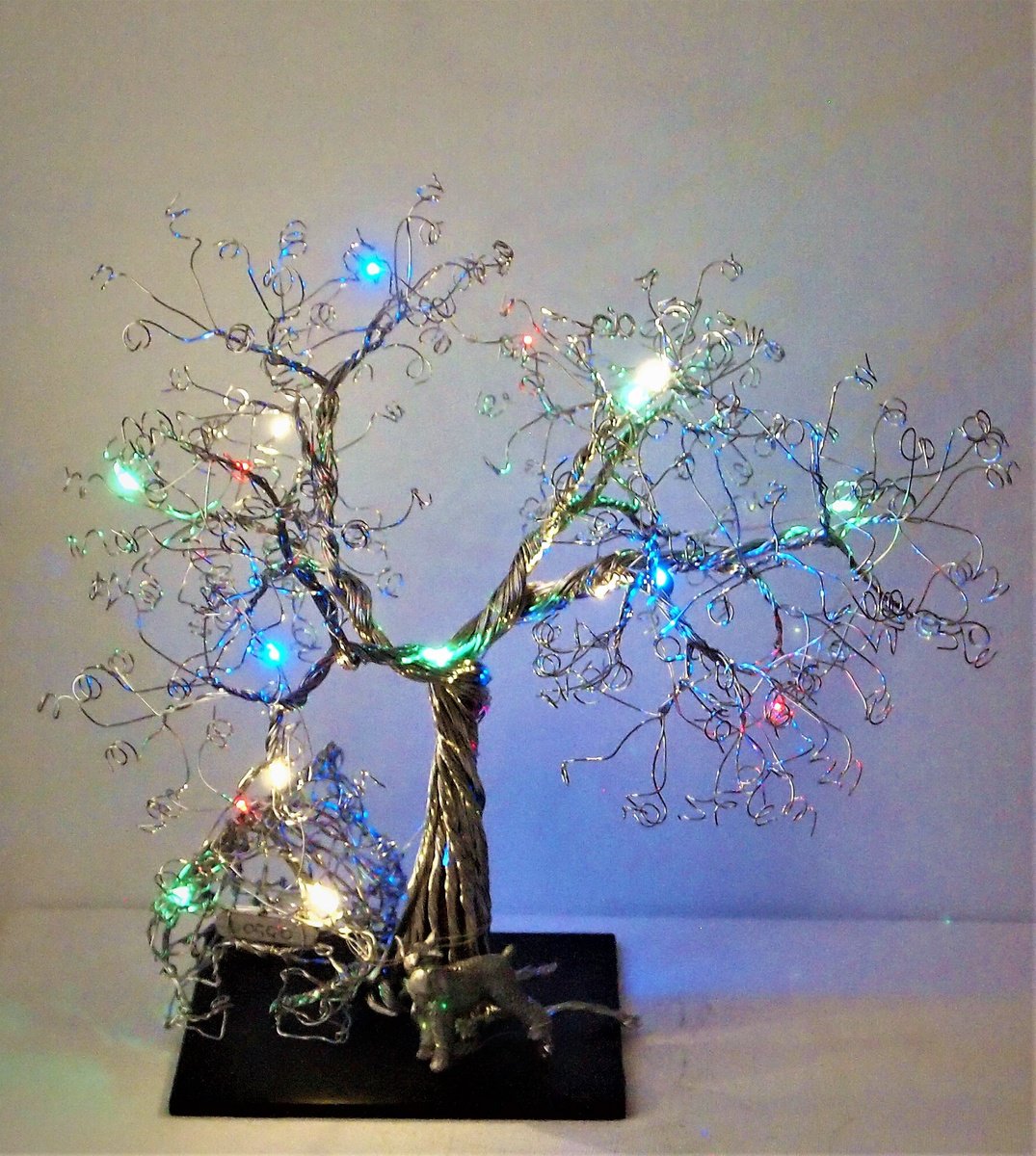 Silver wire tree sculpture with Dog, Kennel and LED lights by Steph Morgan