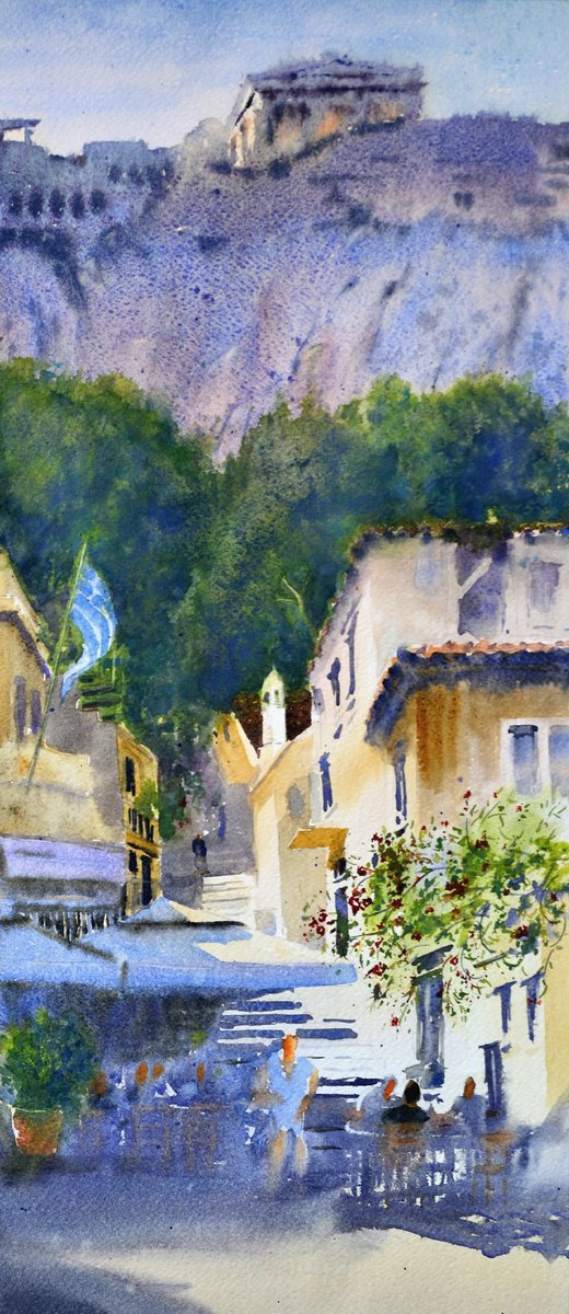 Impressionistic Cityscapes Watercolour By Nenad Kojic, 10 X 22", Discovery Of Light Acropolis A, Original Artwork