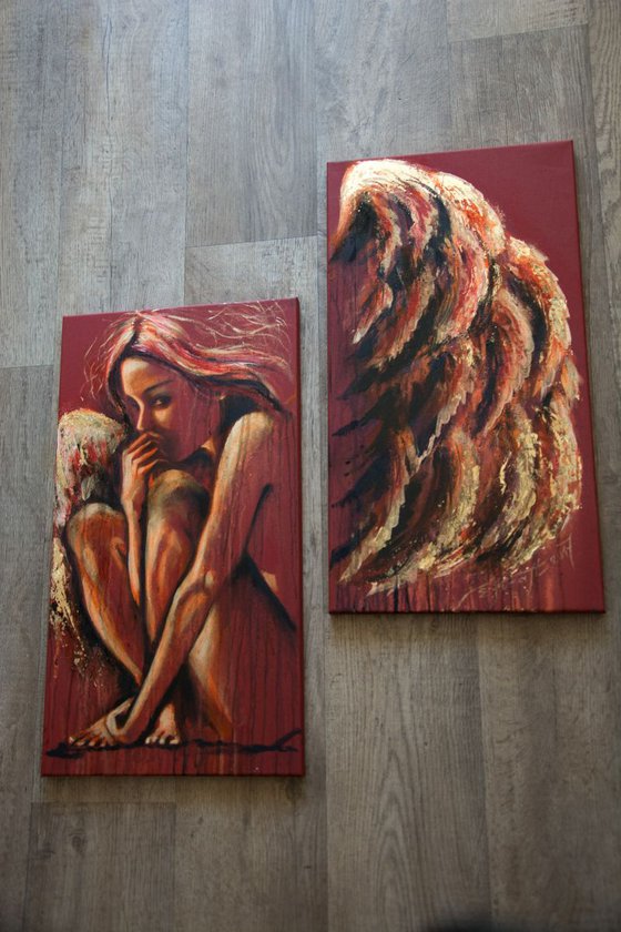 "Golden wings",Original mixed media painting on  hand-stretched  canvas 70x65 x2cm