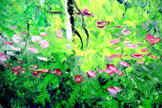 Pink flowers in a sunny day  landscape. ORIGINAL OIL PAINTING ON CANVAS