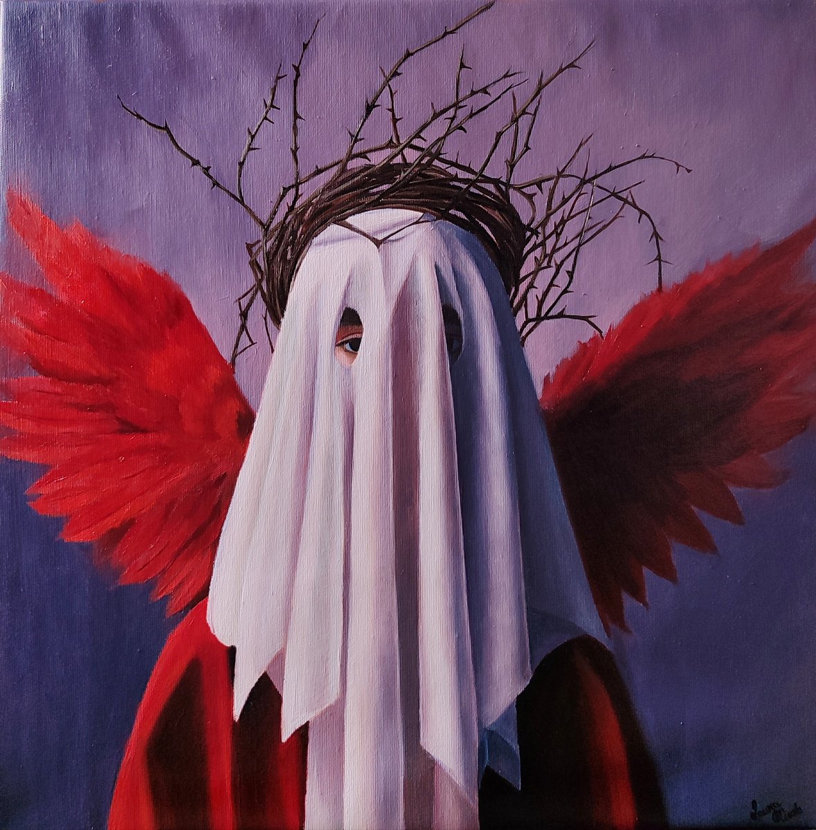 Surrealistic Portrait Oil Painting By Laura Muolo, 20 X 20", The White Cloak, Original Artwork