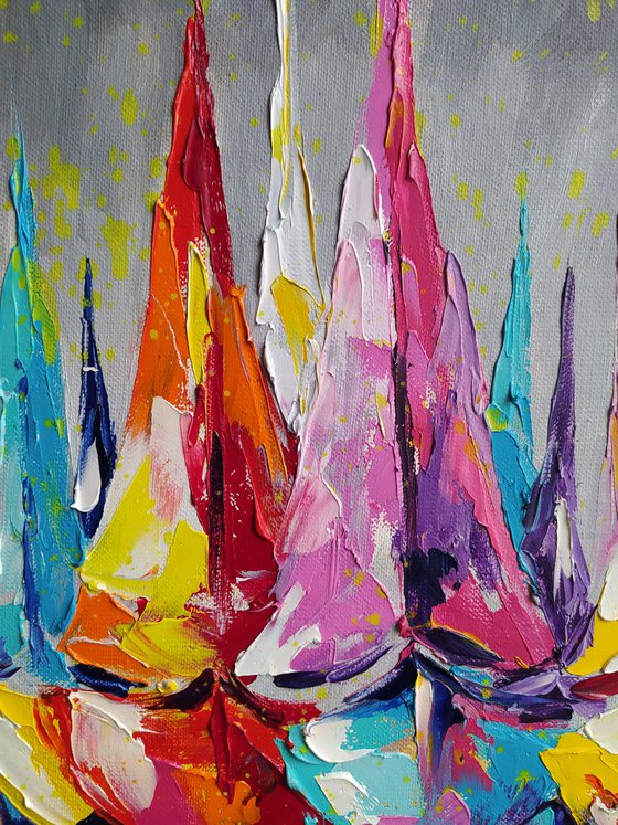 Yacht racing - starry sky, yacht, boats, oil painting, yacht club, sea with yachts, yacht original painting, seascape, yacht original painting, gift