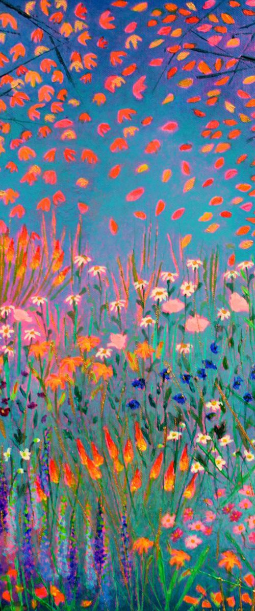 Wild Garden 3 - poppies, daisies, day lilies, himalayan poppies, cosmos and red hot pokers by Lisa Mann