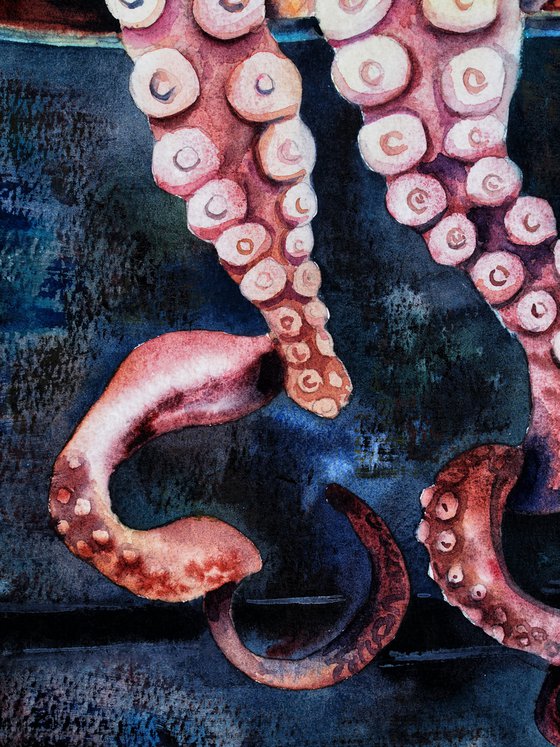Octopus in antique metal bowl - original watercolor - seafood kitchen