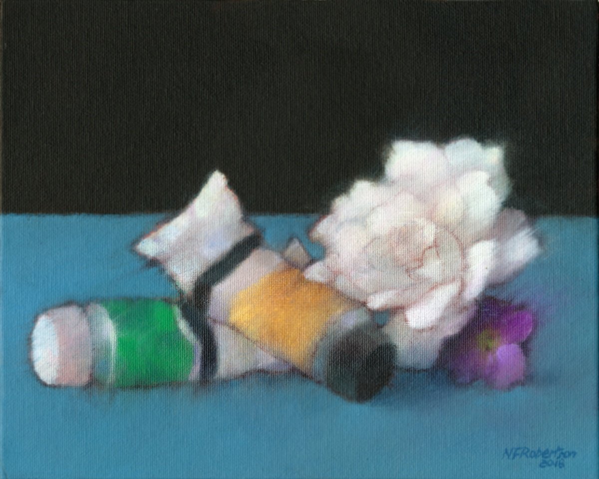 Still Life Acrylic Painting By Nicholas Robertson, 10 X 8", Paints And Flowers, Original Artwork