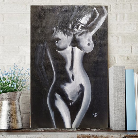 Girl, nude erotic black and white small oil painting, gift, bedroom art