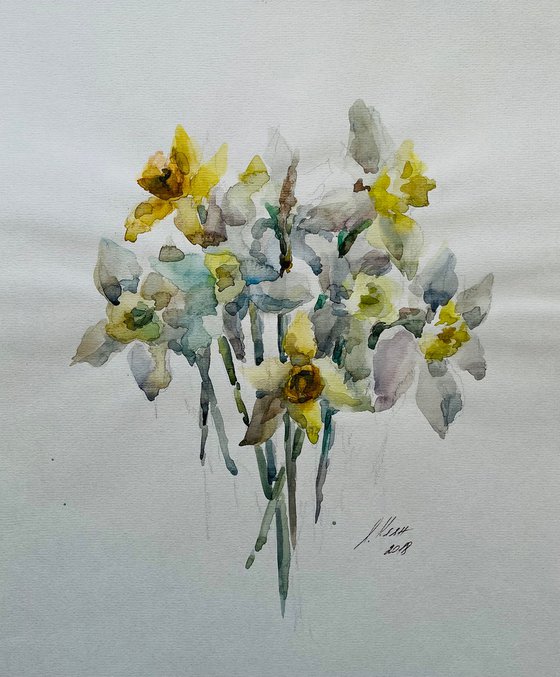 Bouquet of daffodils. Original watercolour painting on beige paper.