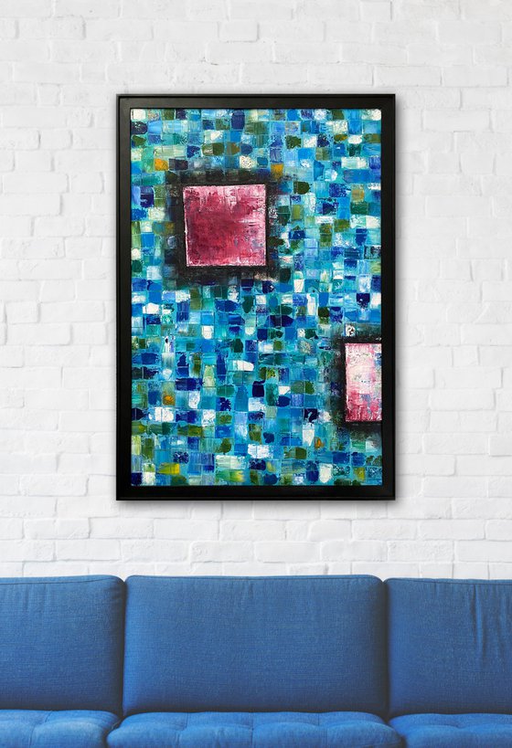 "Mosaic Squared" - Original Highly Textured PMS Abstract Oil Painting On Wood, Framed - 26" x 38"