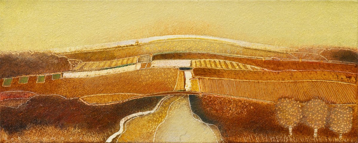 Landscape Oil Painting By Rob Van Hoek, 21 X 9", This Evening At Sundown, Original Artwork