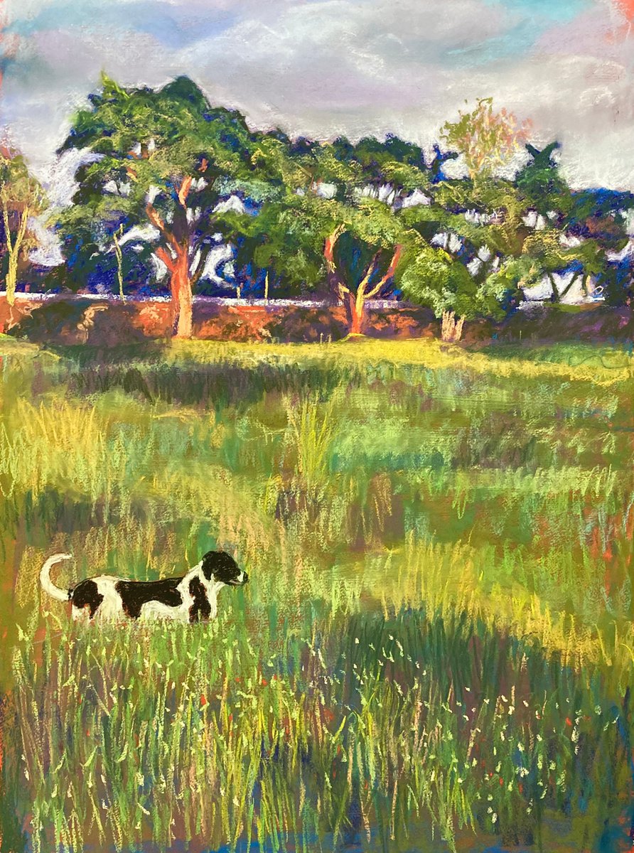 Impressionistic Landscape Pastel Drawing By John Cottee, 22 X 30, Trees Field Dog, Original Artwork