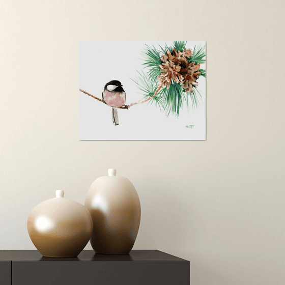 Chickadee on the Pine Tree