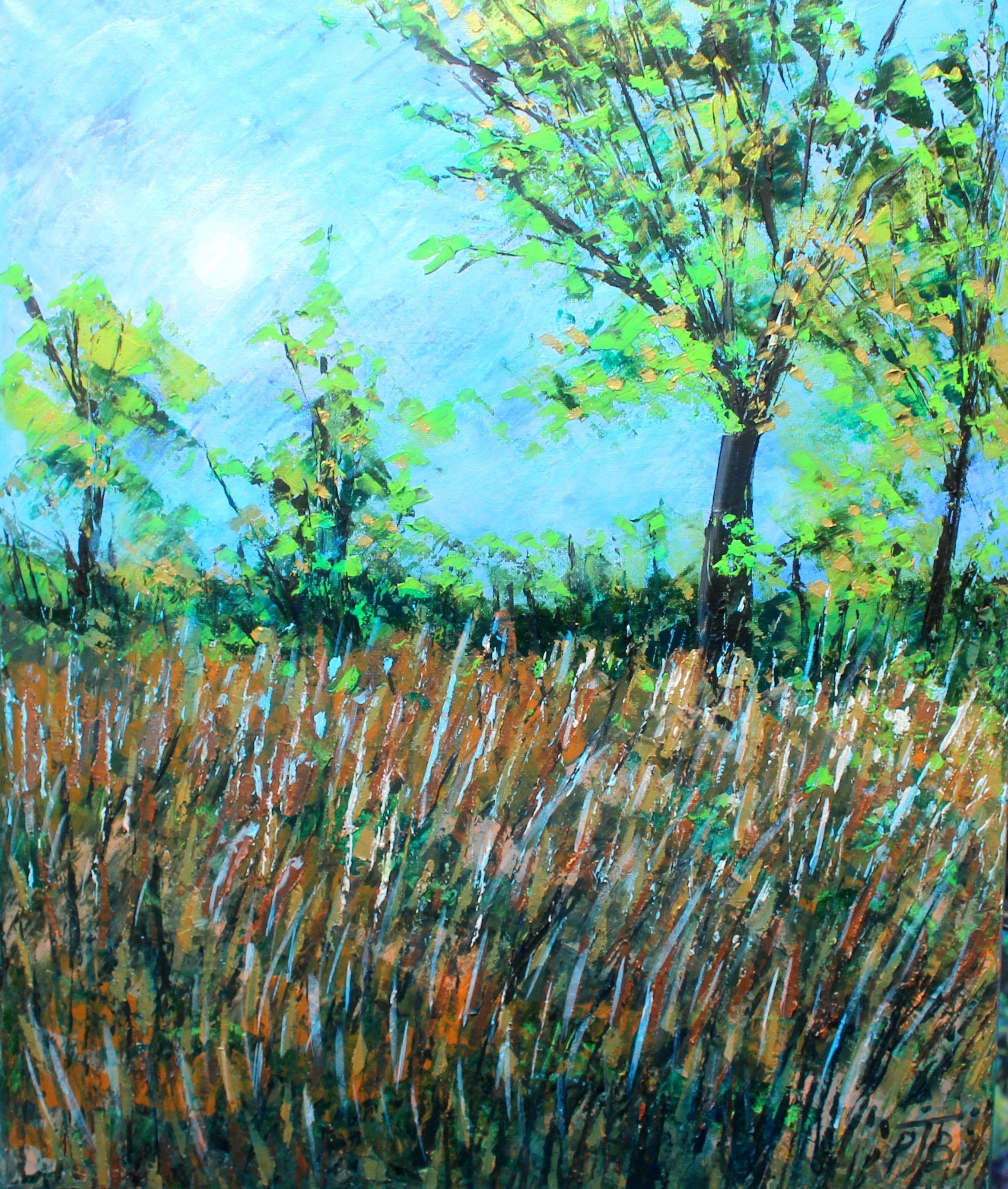 Impressionistic Landscape Acrylic Painting By Paul J Best, 20 X 24", Bursledon Reedbeds, Original Artwork