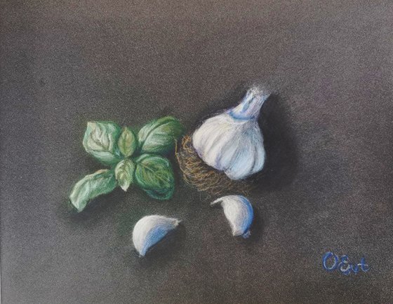 Garlic and basil from life.  24x18 cm. Aglio e basilico.