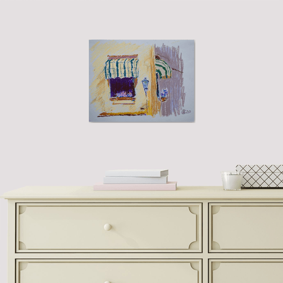 Italian window. Oil pastel painting. Small cute detail home interior colorful provence gift idea