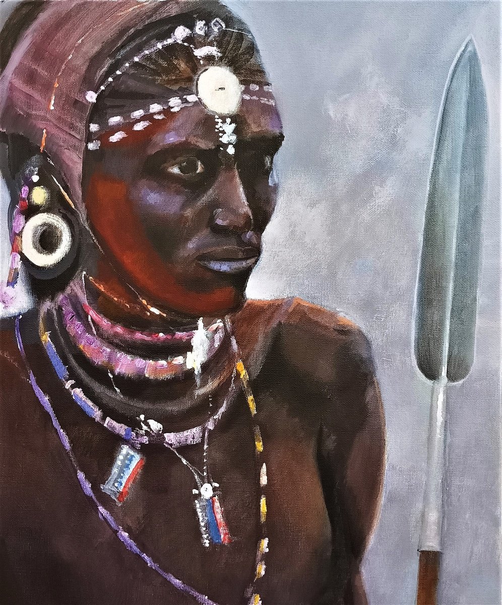 Impressionistic Portrait Acrylic Painting By Alan Harris, 16 X 20, Maasai Warrior, Original Artwork