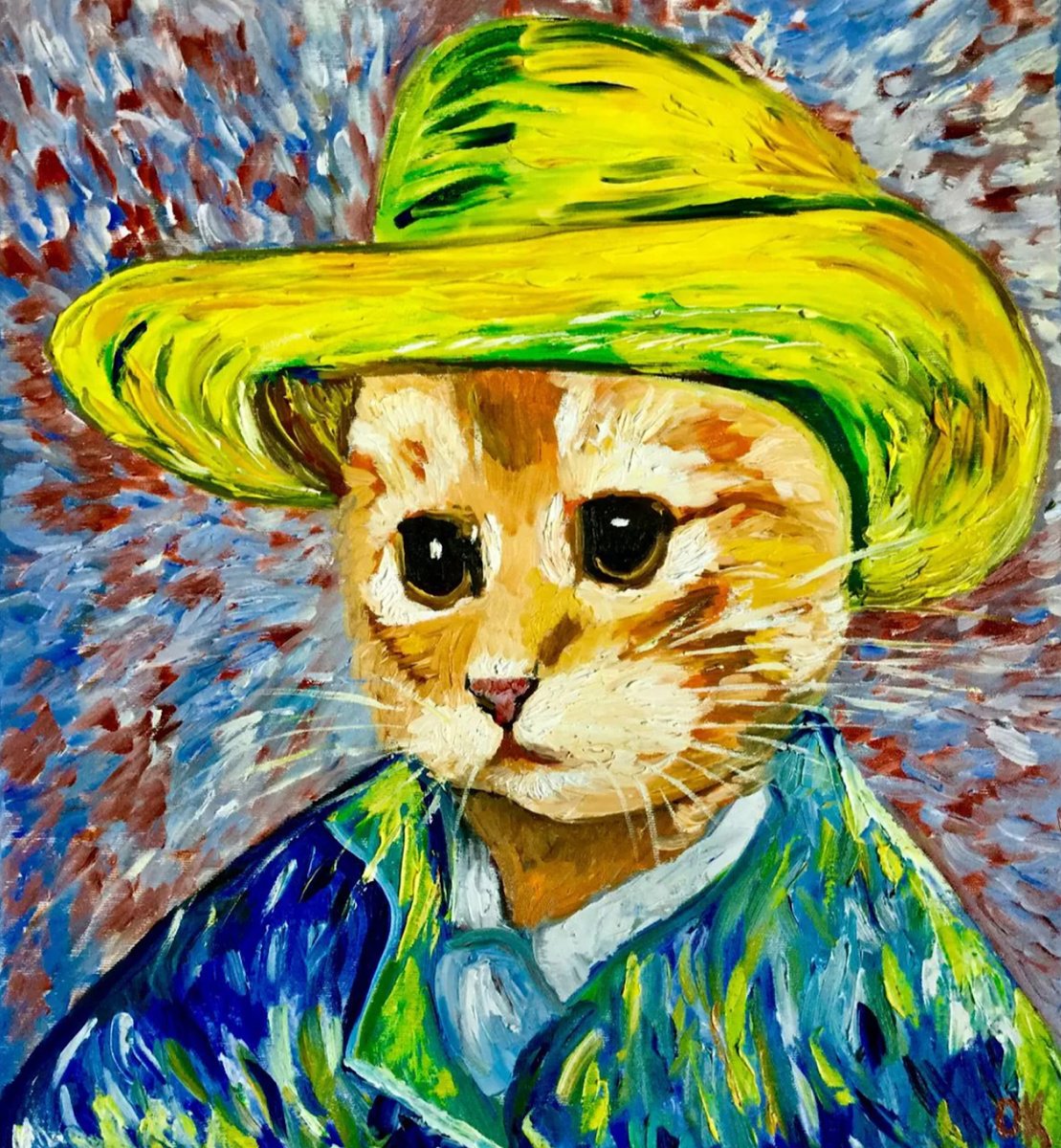 Impressionistic Animal Oil Painting By Olga Koval, 18 X 20", Pensive Cat Van Gogh, Original Artwork